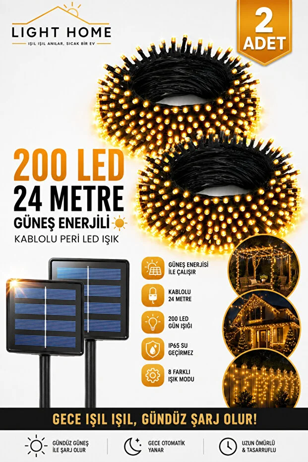 2 Adet 100 LED 12 Metre Kablolu Güneş Enerjili Peri LED Işık Seti | Toplam 200 LED 24 Metre | 8 Mod | IP65 Dış 2 Adet 100 LED 12 Metre Kablolu Güneş Enerjili Peri LED Işık Seti | Toplam 200 LED 24 Metre | 8 Mod | IP65 Dış